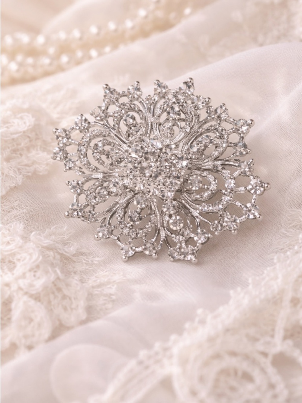 Vintage Rhinestone Filigree Snowflake Brooch Silver Tone Bridal Pin